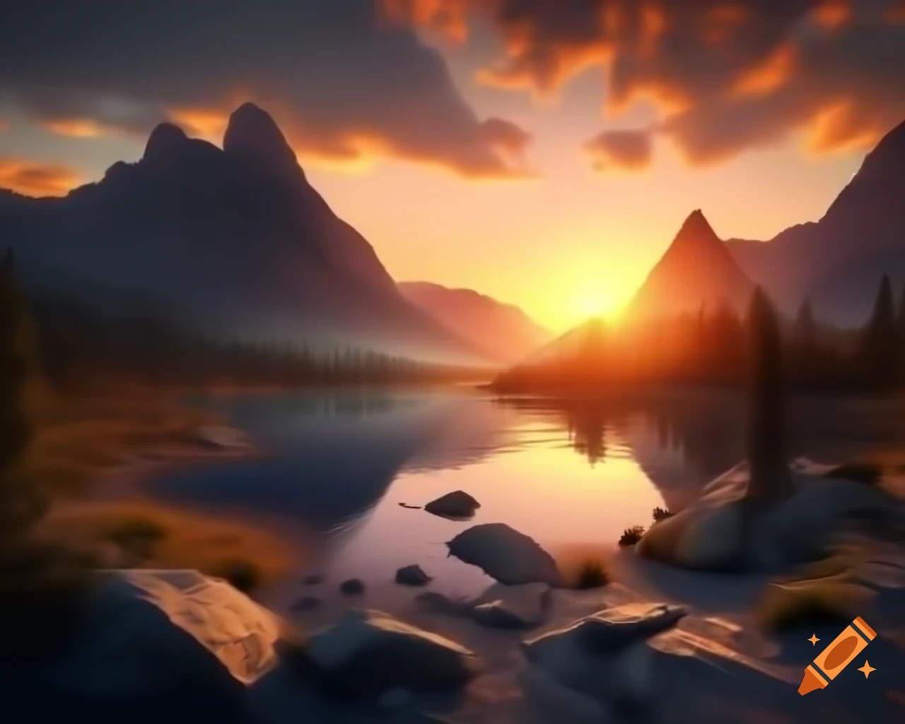 Photorealistic 3D render of mountain lake at sunset with island in background