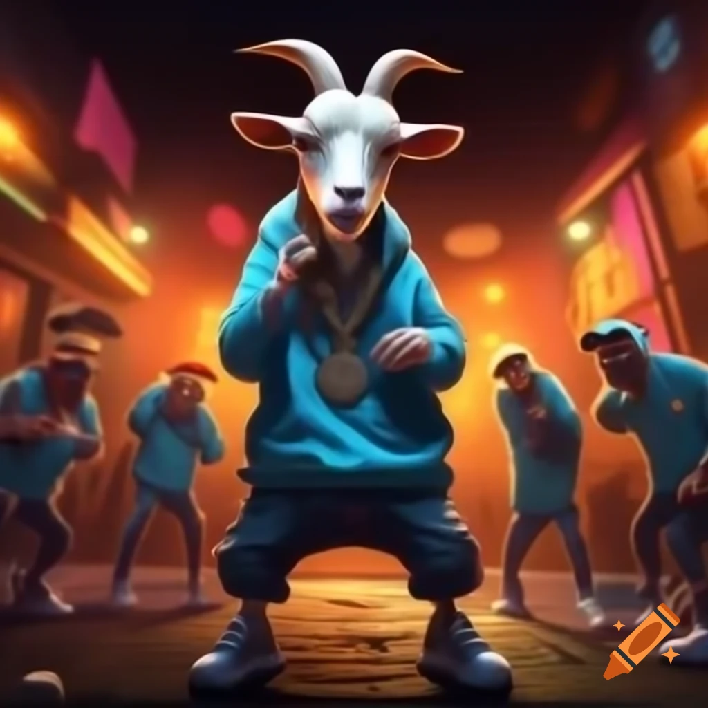 Animated goat with masculine features performing on urban hip-hop stage