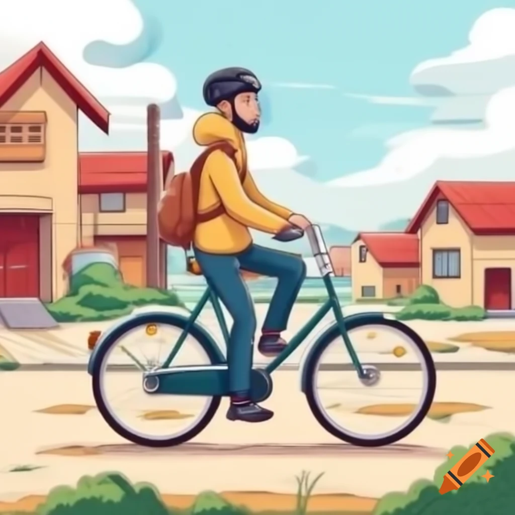 Person cycling through a village
