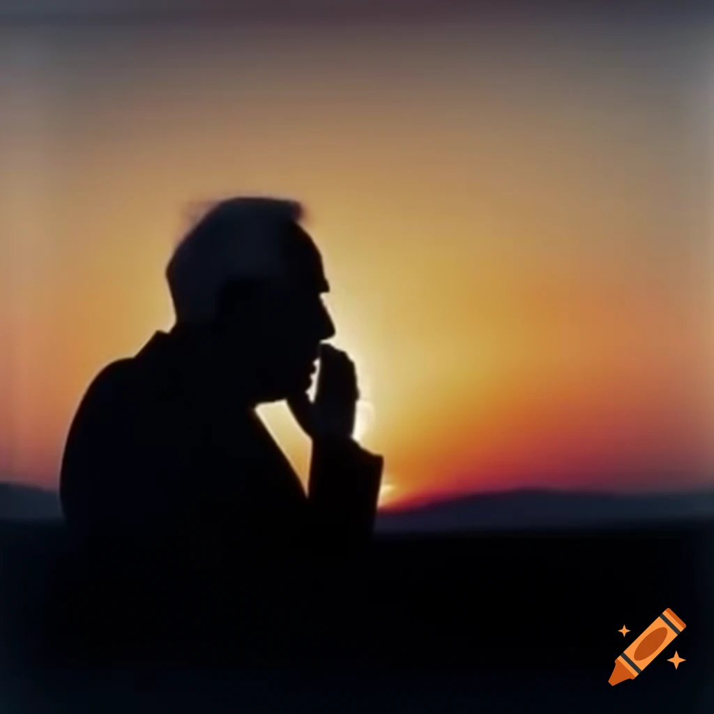 Silhouette of elderly man talking on phone at sunrise