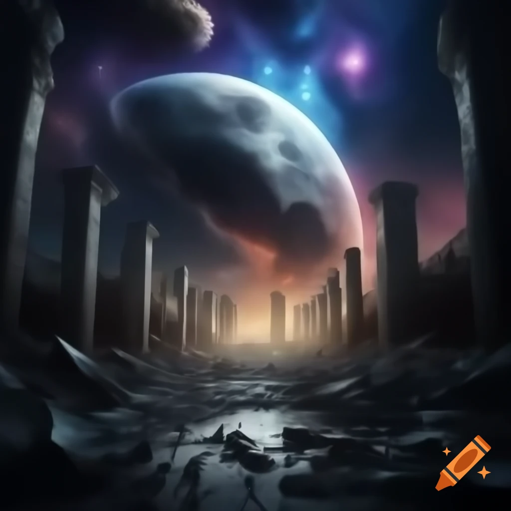 Surreal cosmic scene of aftermath with entities clashing in ruins
