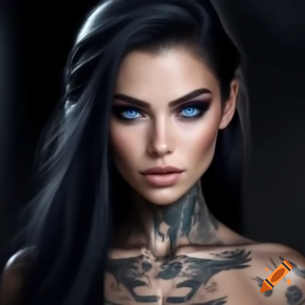 Stunning woman with blue eyes, long black hair, and body tattoos
