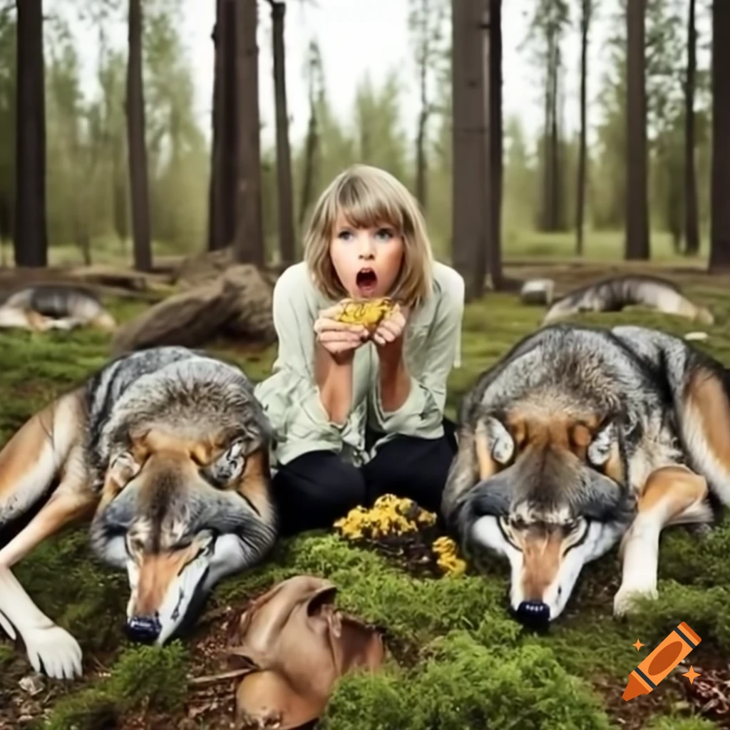 Taylor Swift in forest surrounded by wolves, eating wasps