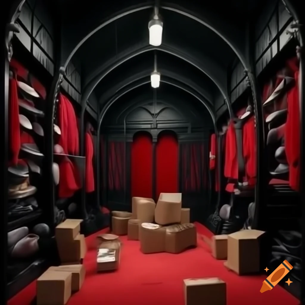 Gothic storage room with red curtains and carpets, adorned with vampire outfits and weapons