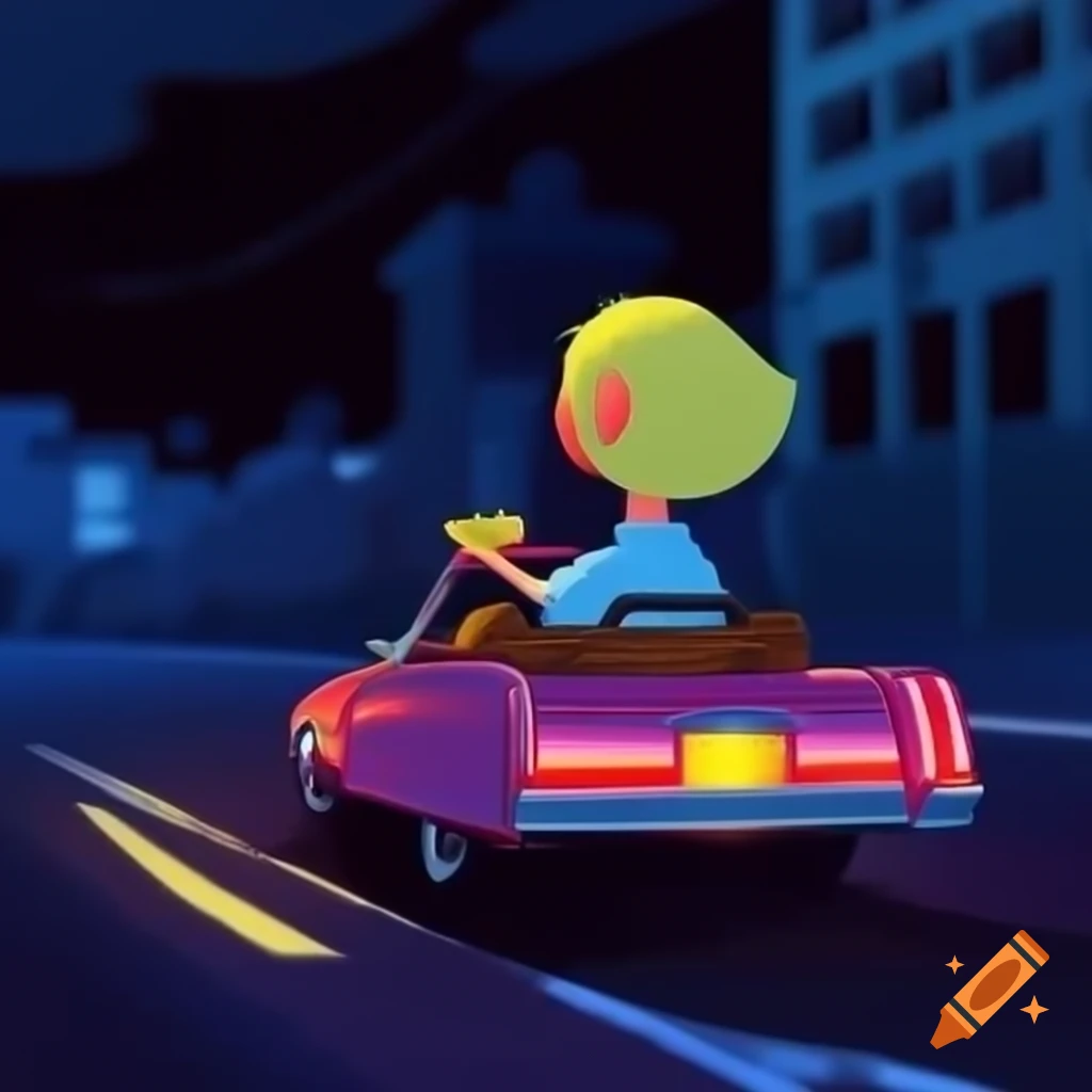 Cartoon of a cool dude driving a Cadillac at night