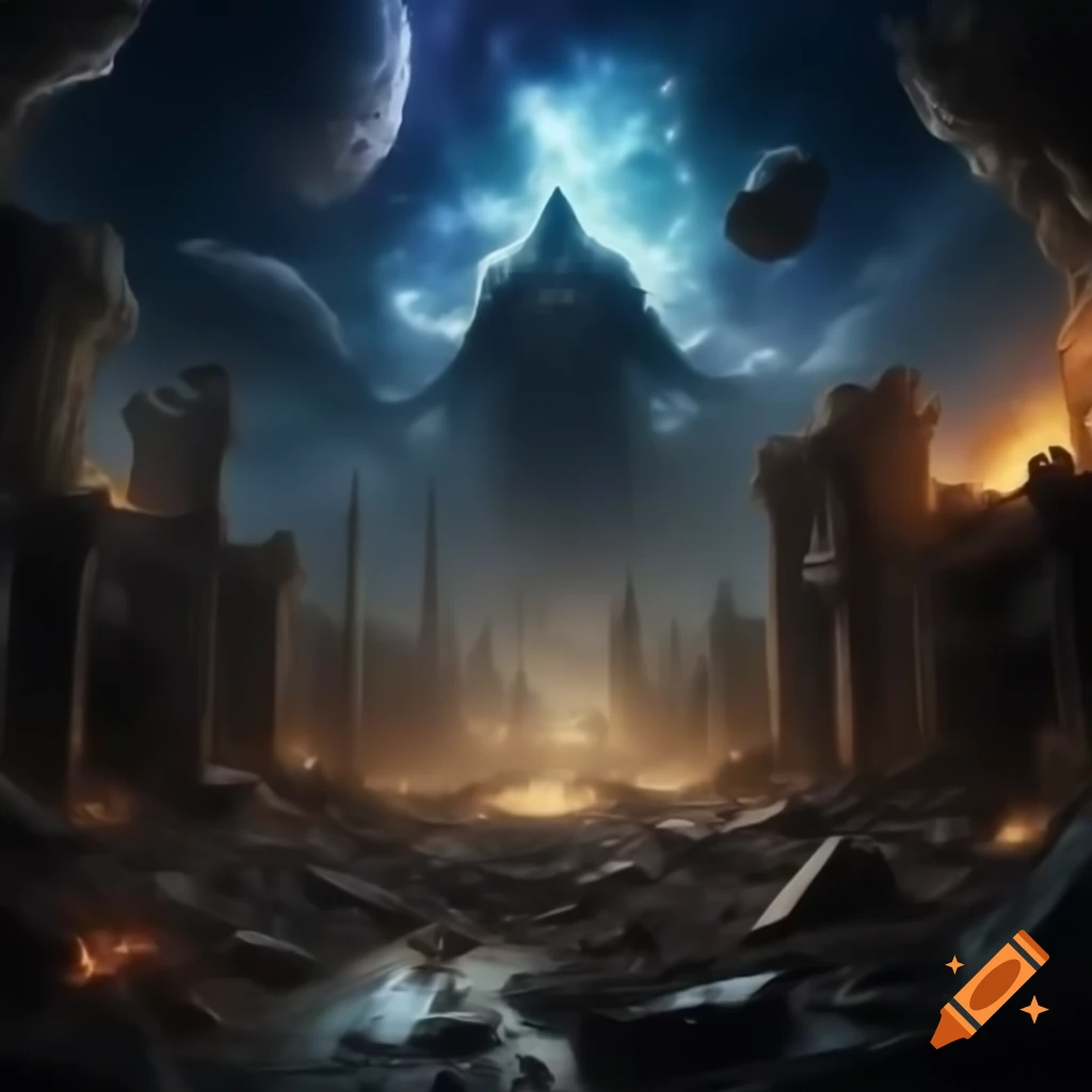 Surreal cosmic scene of aftermath with entities clashing in ruins