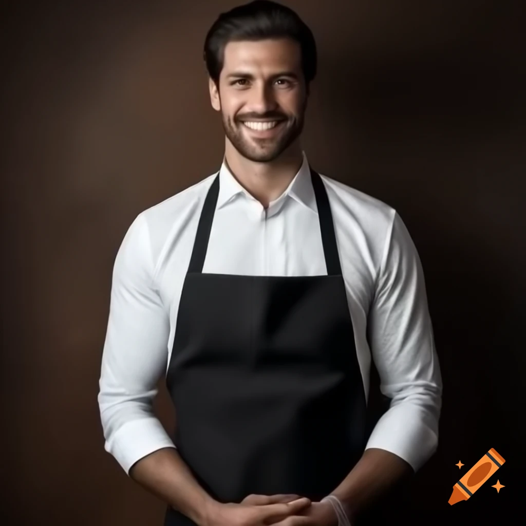 Brazilian male waiter in black apron and white shirt smiling ultra