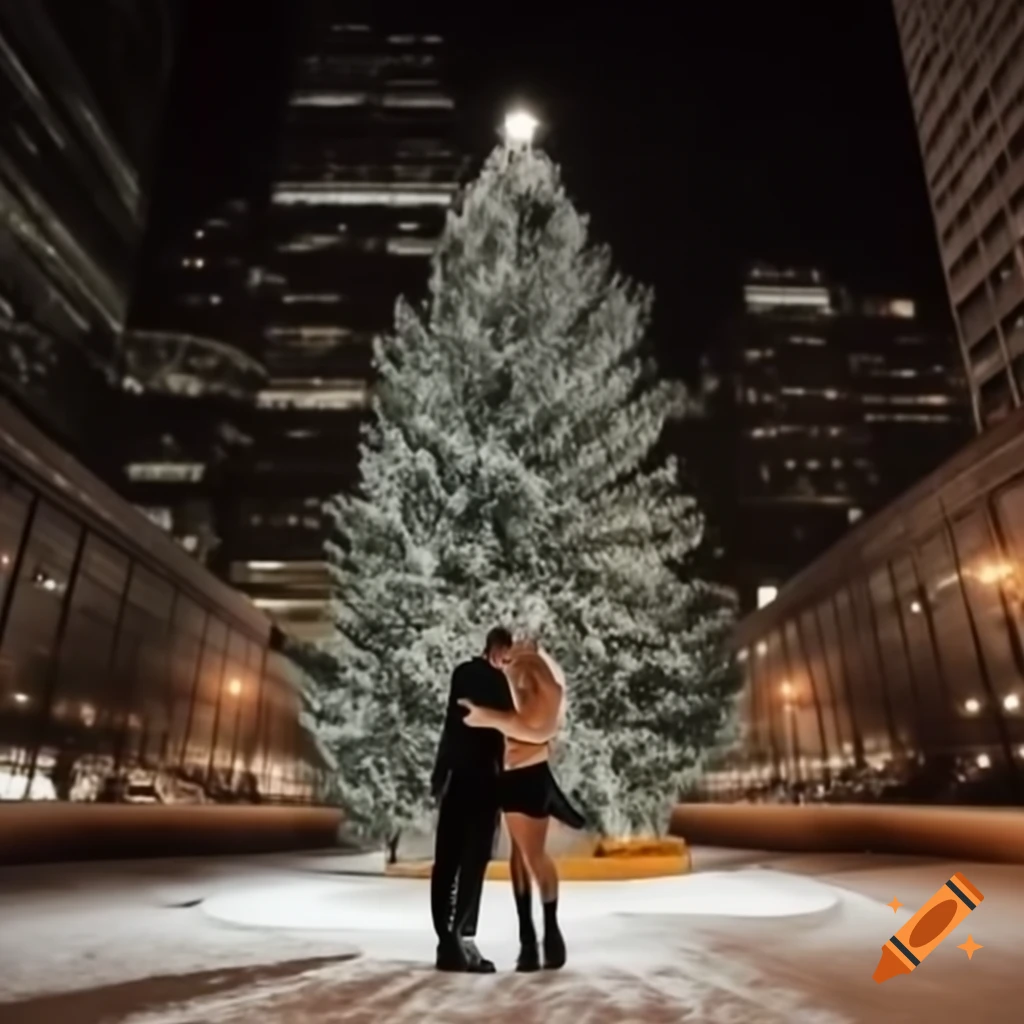 Couple hugging in front of Christmas tree in snowy New York at night