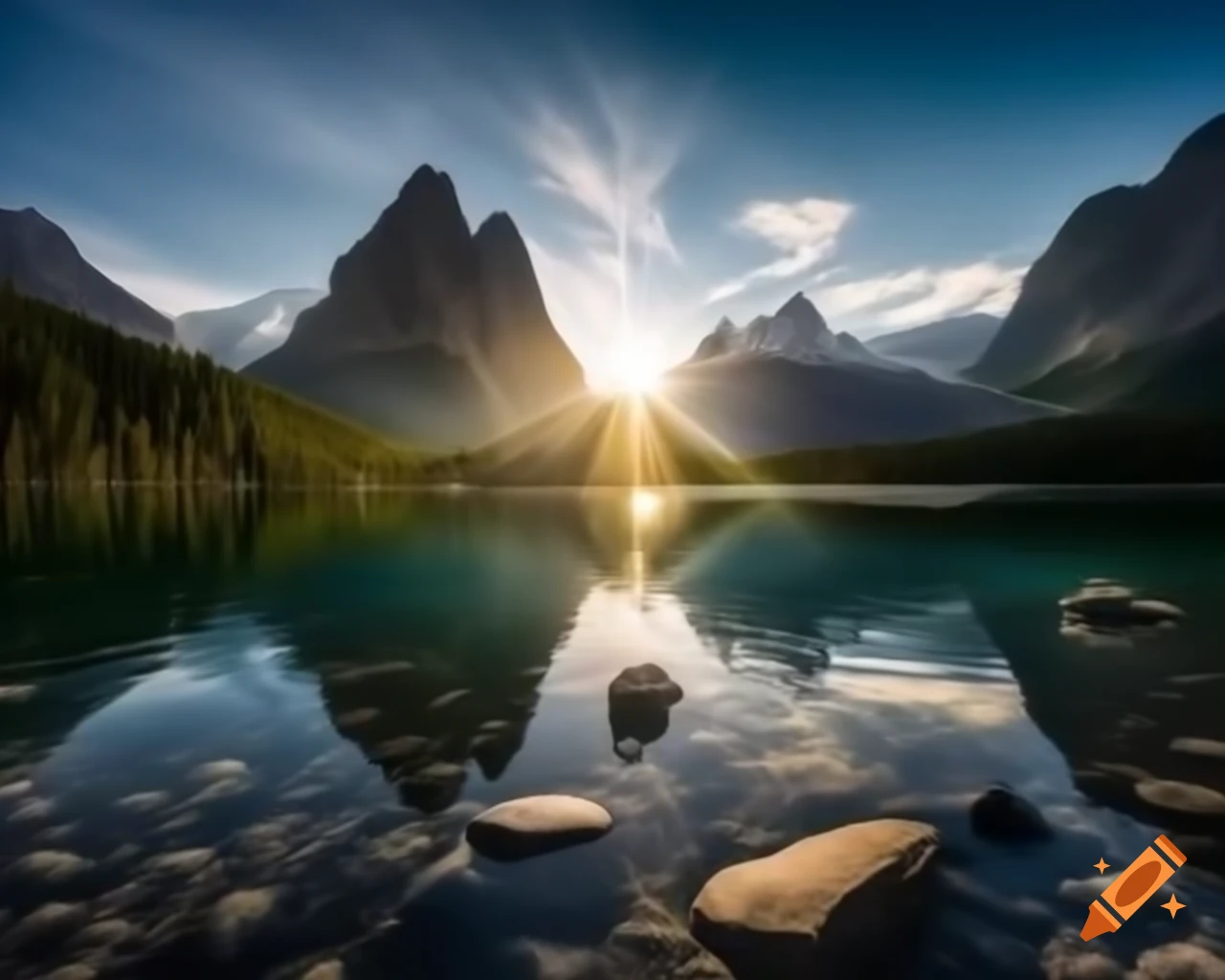 Majestic mountains with tranquil crystal lake in foreground