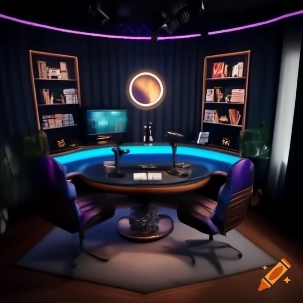 Modern podcast studio design featuring sleek round table for nighttime shooting