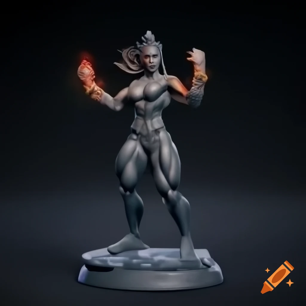 Stone action figure of muscular black dao fantasy warrior in flexing pose