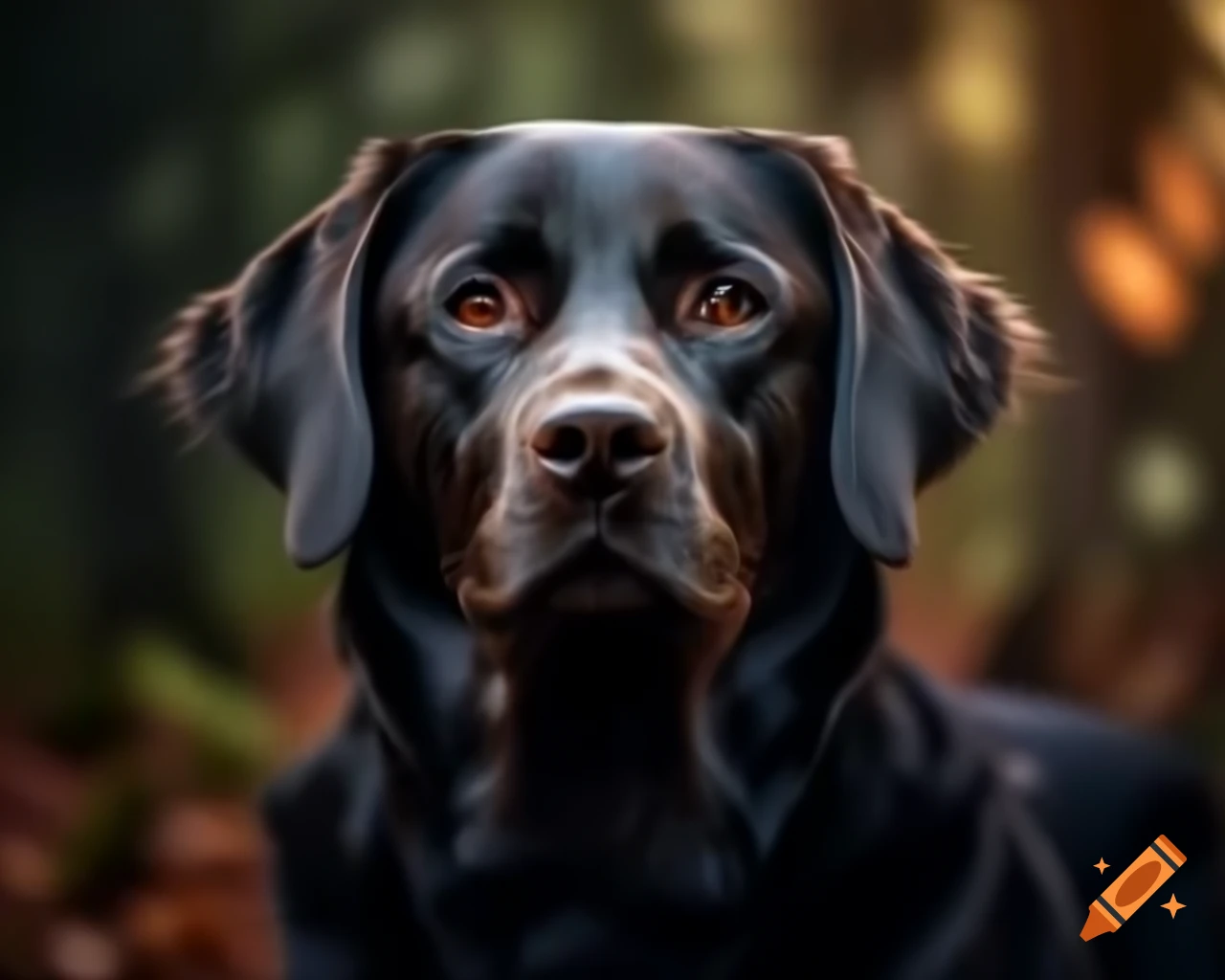 Hyperrealistic black Labrador Retriever in forest with trees and dark brown eyes