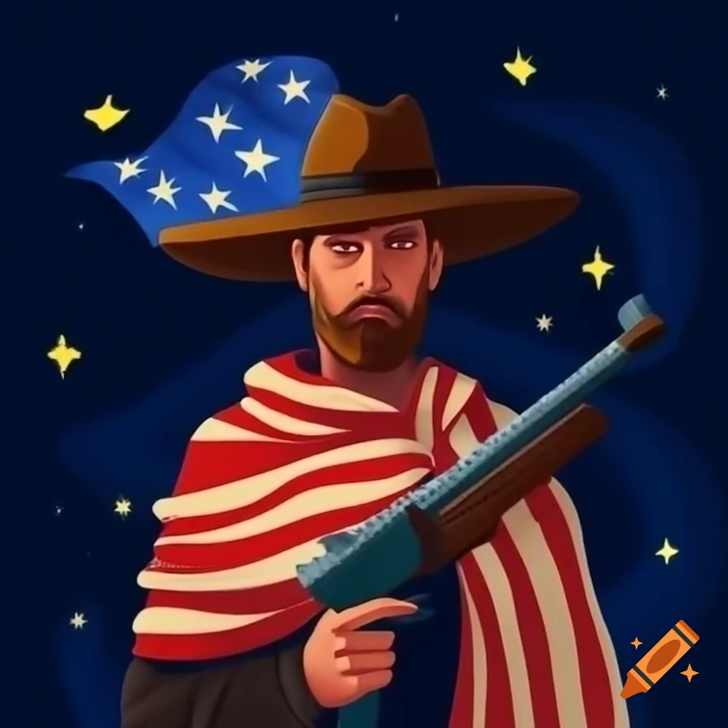 American man in large hat holding gun draped in stars and stripes flag
