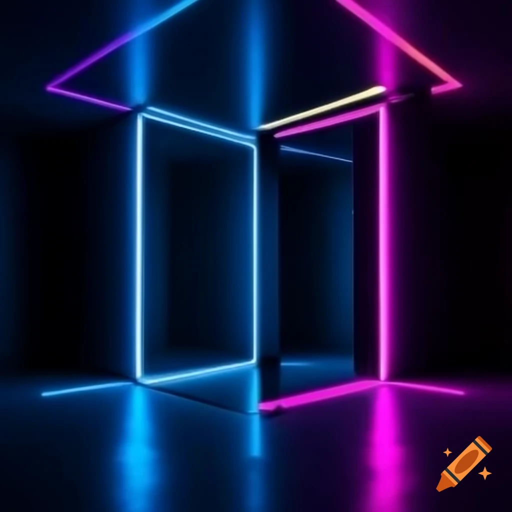 Black reflective room illuminated by vibrant blue neon lights