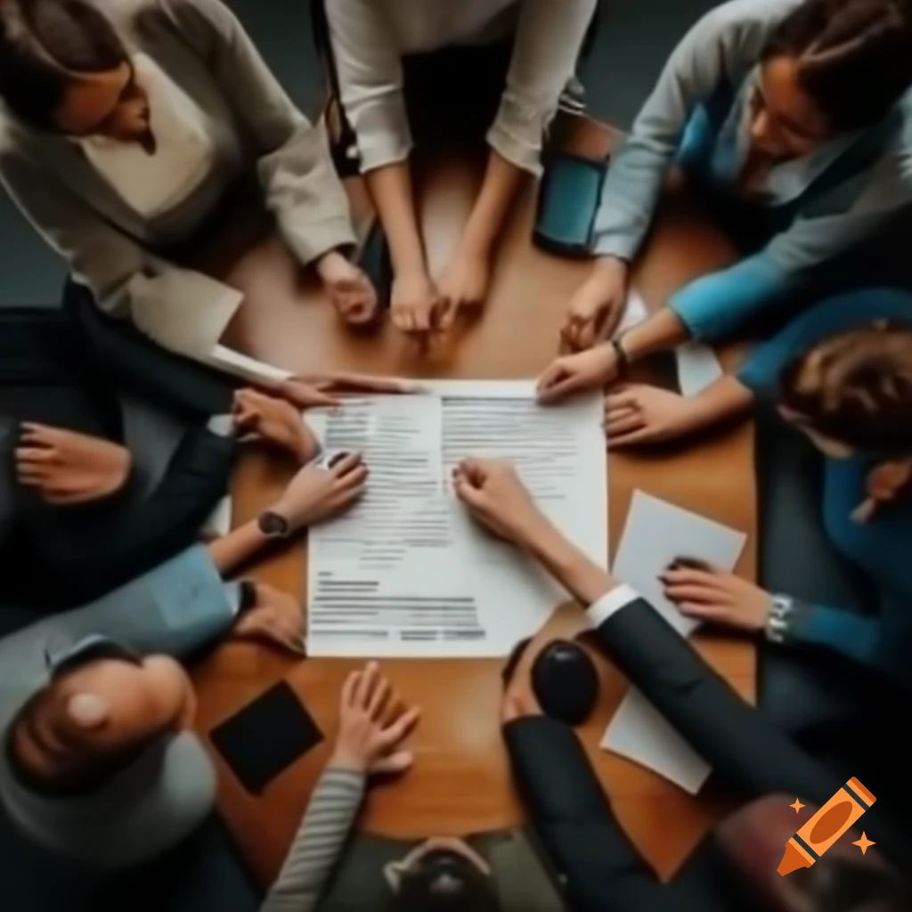 Adults sharing ideas in a collaborative setting with text 'share out'