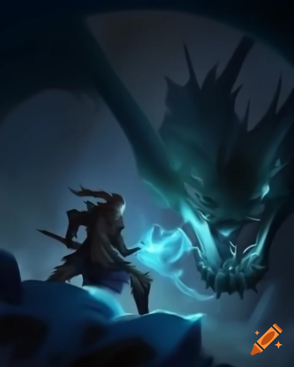 Knight battling ice-breathing dragon in dark fantasy painting