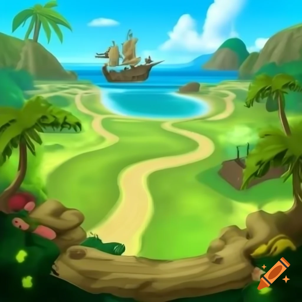 Vibrant game map background with winding road, picturesque sea, and pirate
