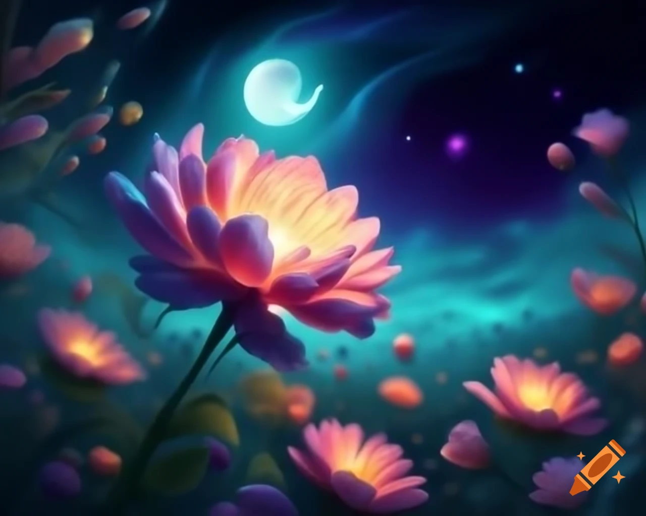 Aurora colored flower blooming under night sky with auroras and full moon