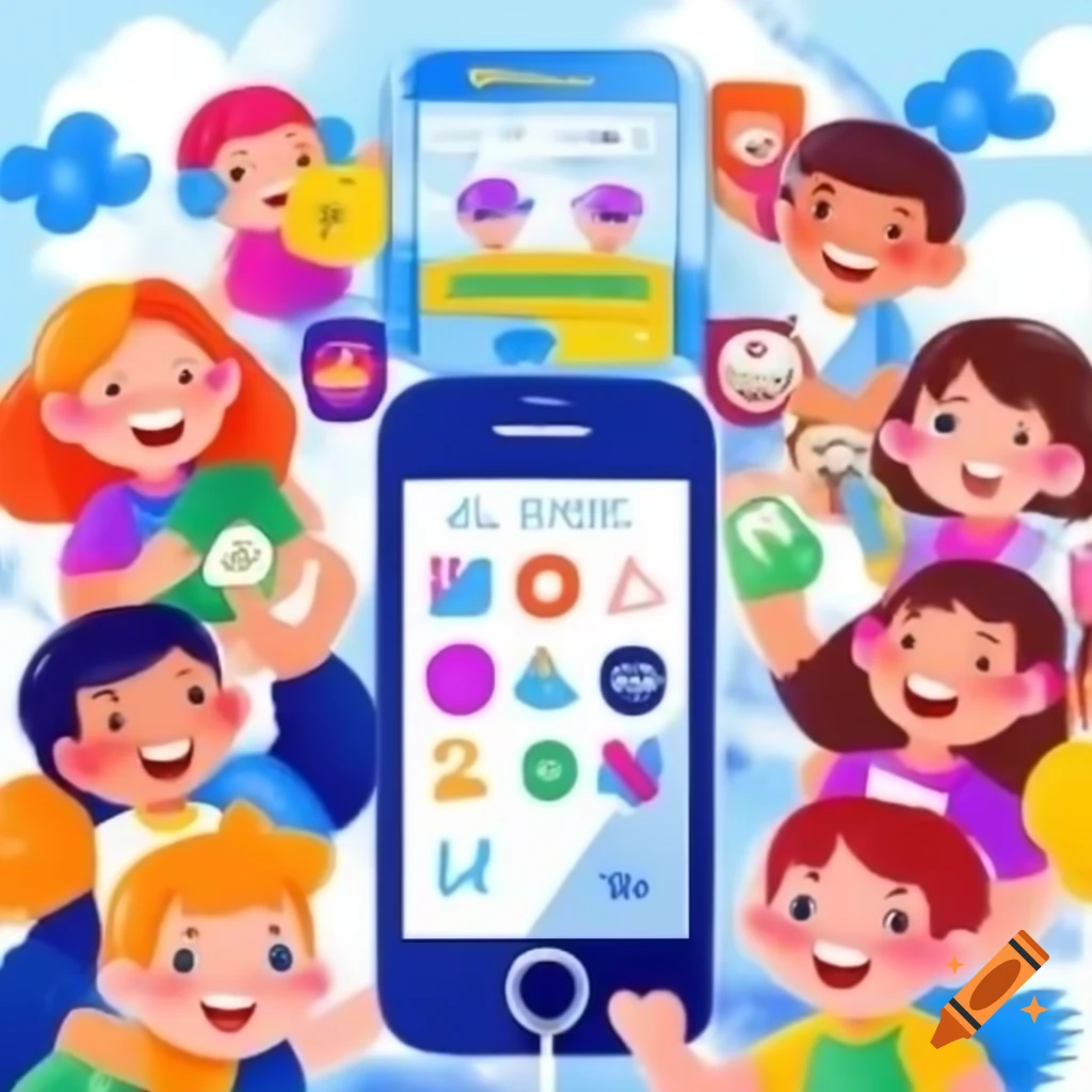 Children gathered around shiny colorful phone with games and apps, showing excitement