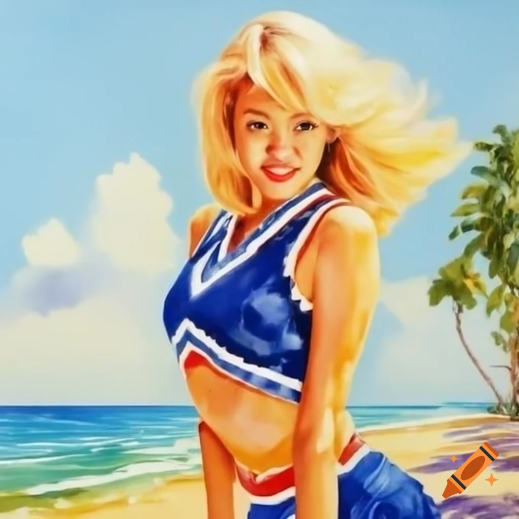 Korean idol actress in cheerleader uniform at palm beach, hyperrealistic watercolor style