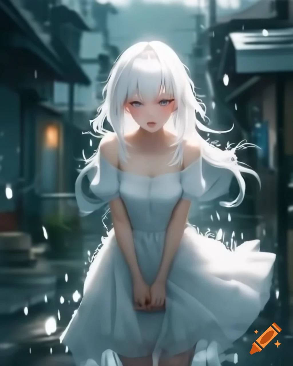 Realistic anime woman with white hair and dress in the rain