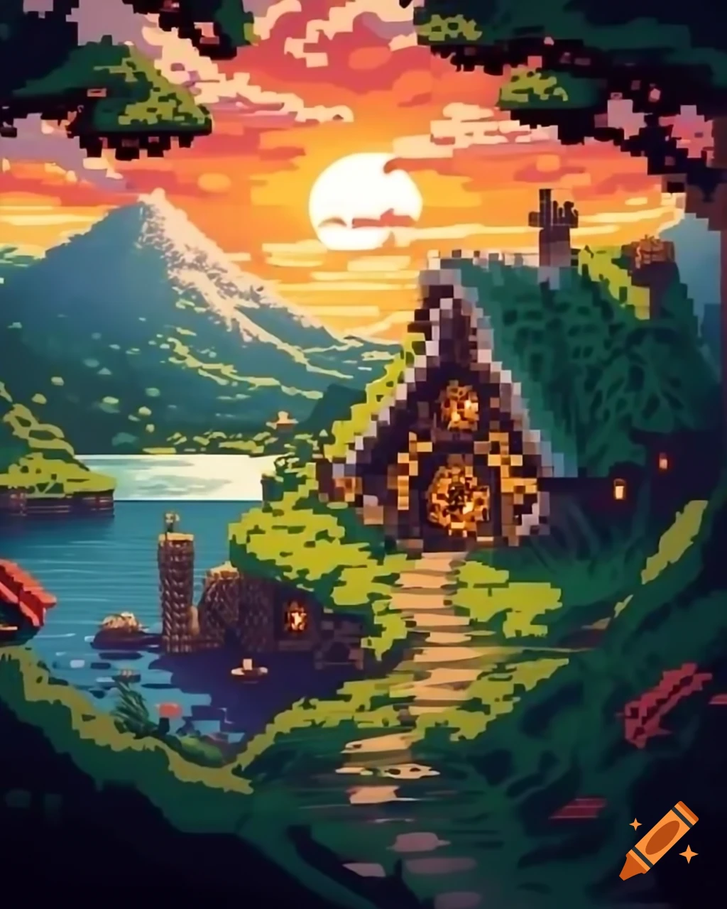 Pixel art of a hobbit house by a lake with sunset lighting and lush vegetation