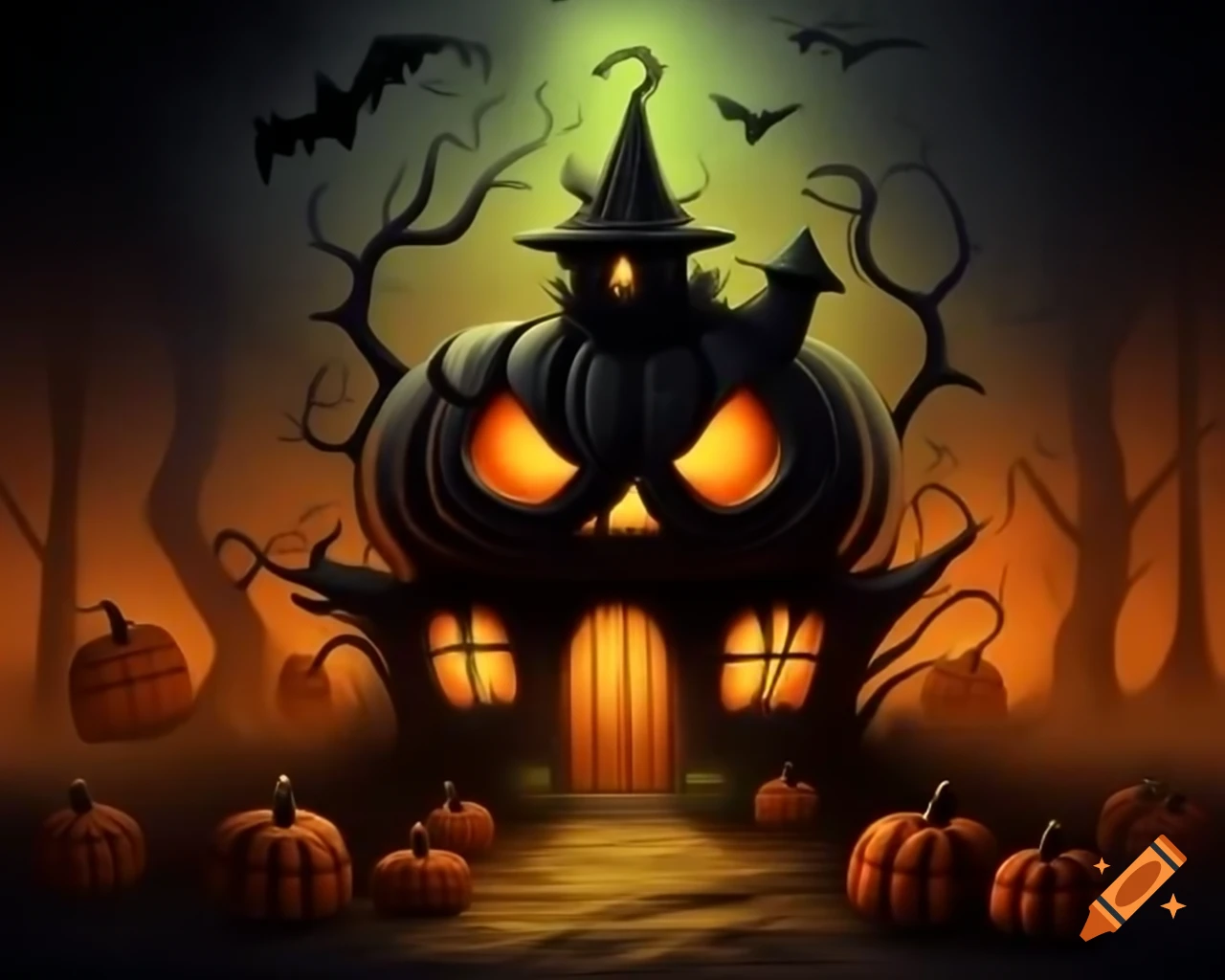 Cartoon style spooky Halloween pumpkin house in shades of orange, green, black, and gold