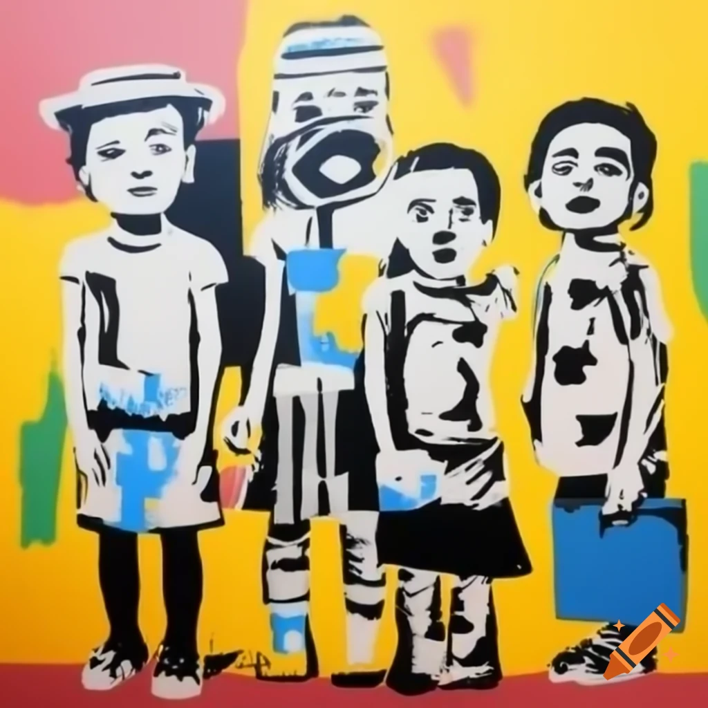 Playful depiction of children in the style of Jean-Michel Basquiat