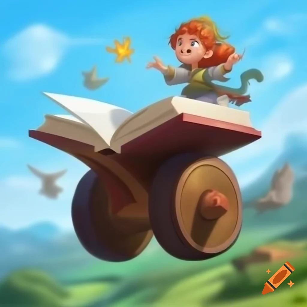 Flying fantasy book with wheels in the sky