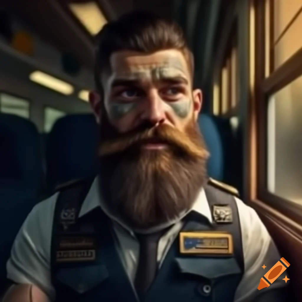 Bearded train driver with facial tattoos