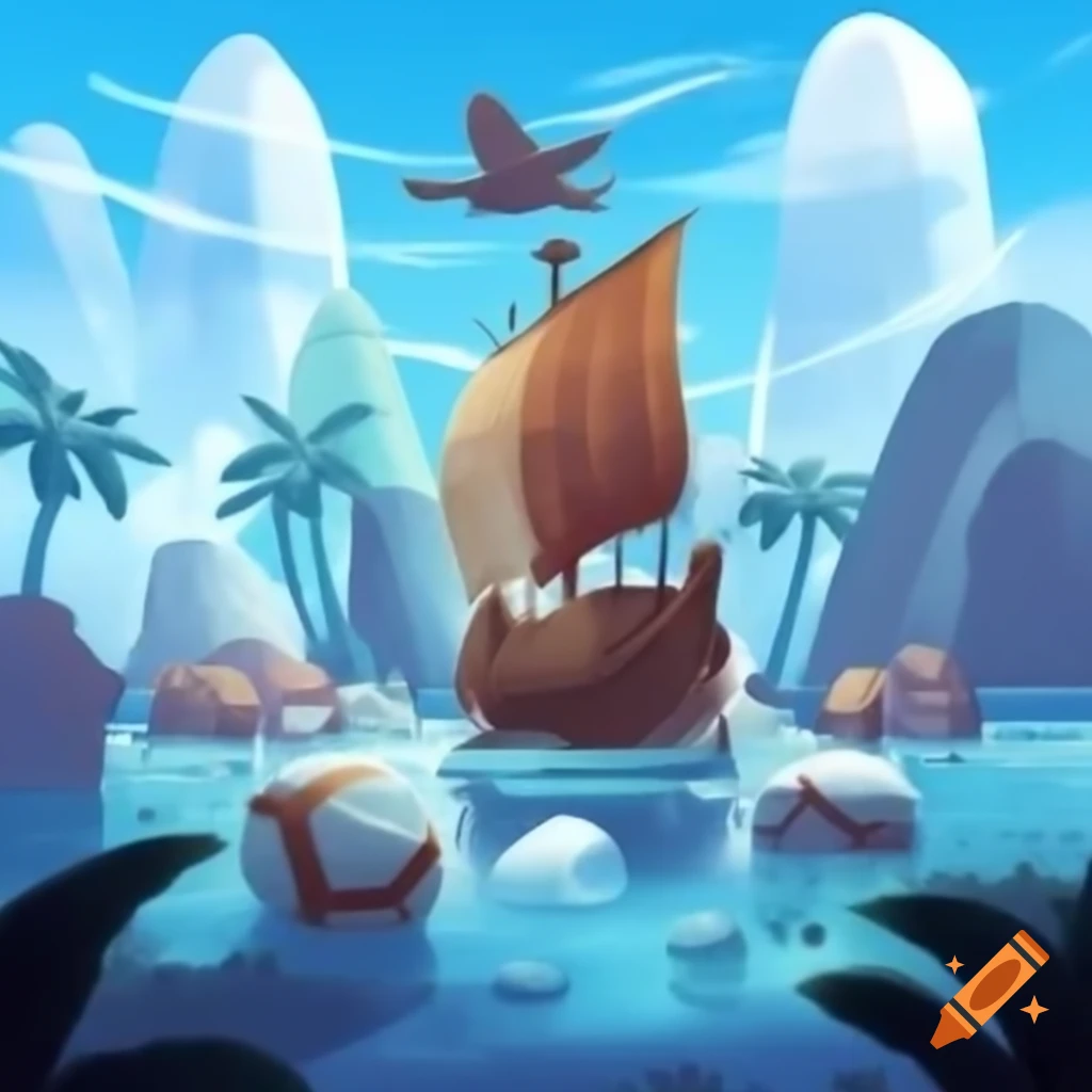 Flying ship in the sky surrounded by water and three islands featuring dinosaurs and Ice Age creatures