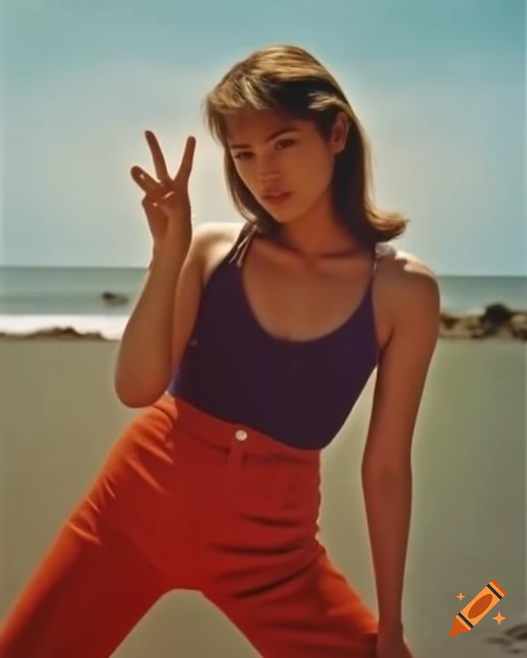 Mysterious Japanese idol actress in 1980 city pop fashion on palm beach