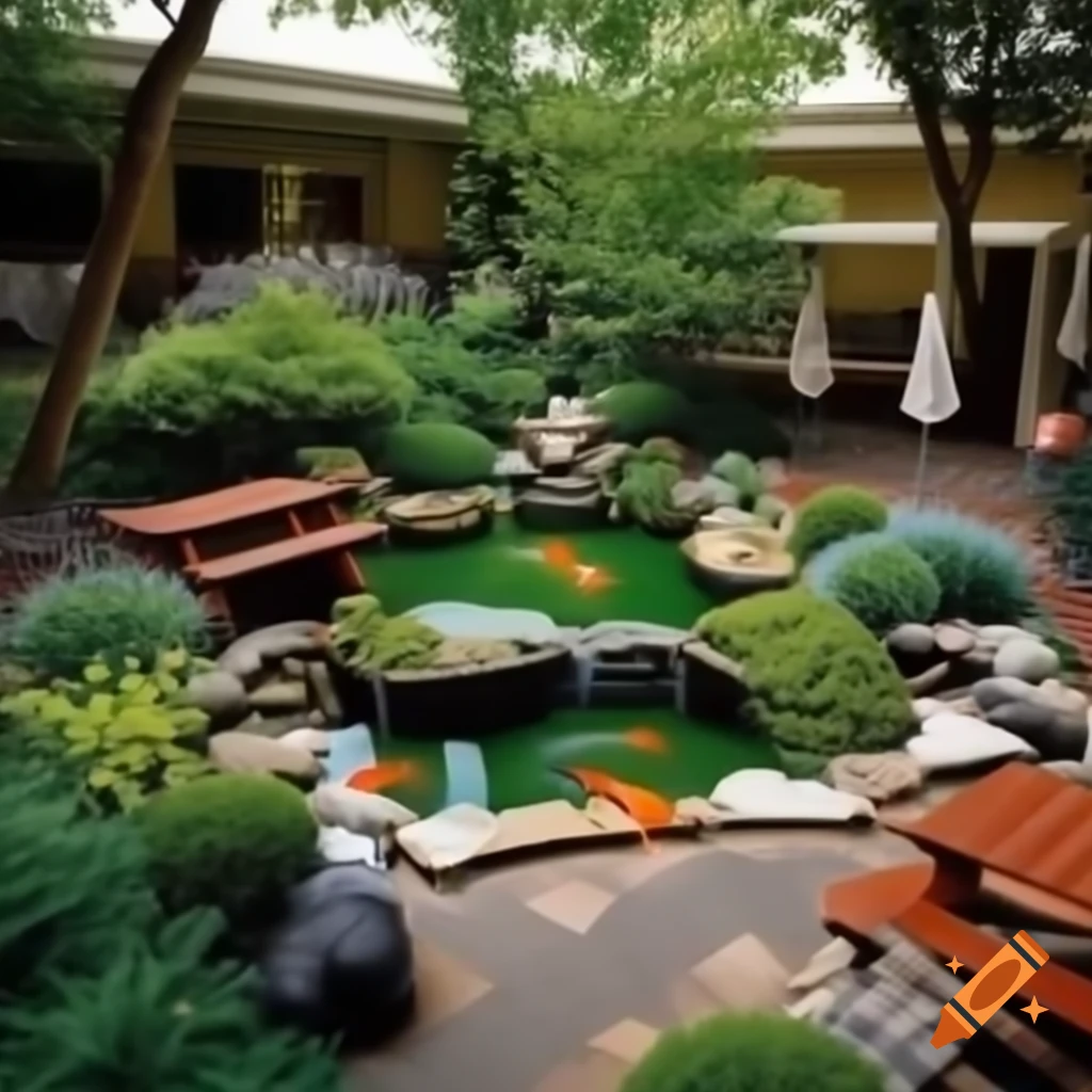 Garden with koi pond, waterfall, and seating in school courtyard