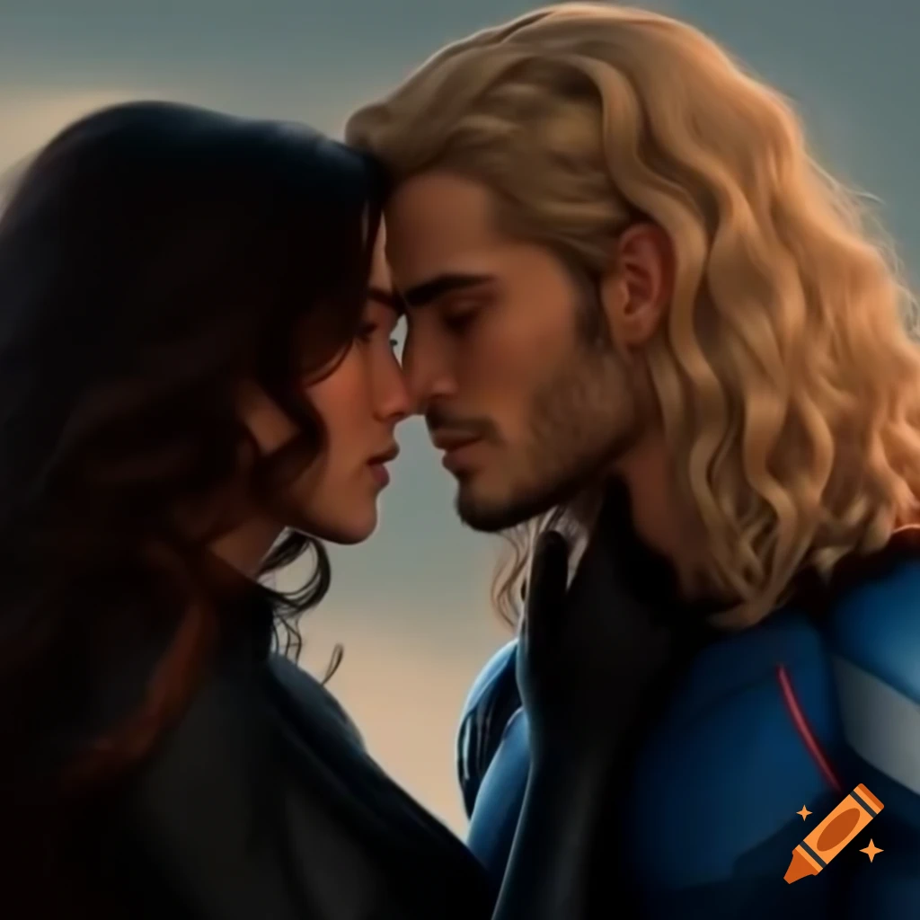 Superhero kissing a woman with curly brunette hair