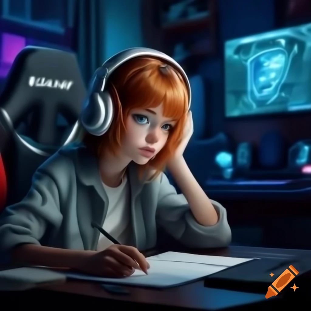 Bored French female gamer with ginger messy bob hairstyle in high-tech gaming bedroom