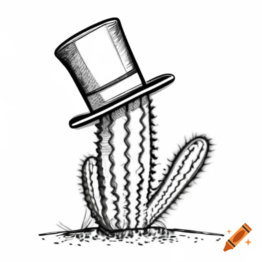 Cactus in top hat with arms outstretched, whimsical illustration