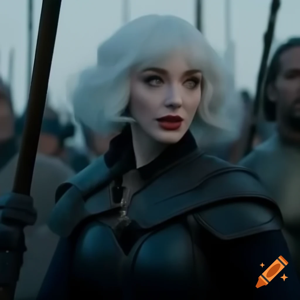 Cosplay of warrior character by Christina Hendricks with short white hair