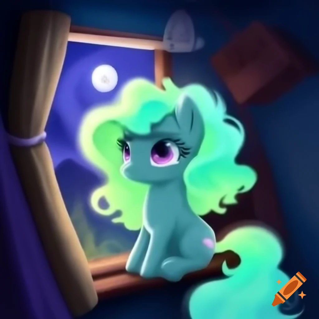Cute green pegasus with aurora colored hair watching moonrise from bedroom window