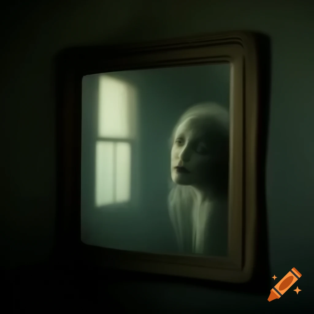 Creepy antique mirror in dimly lit room with faint ethereal light