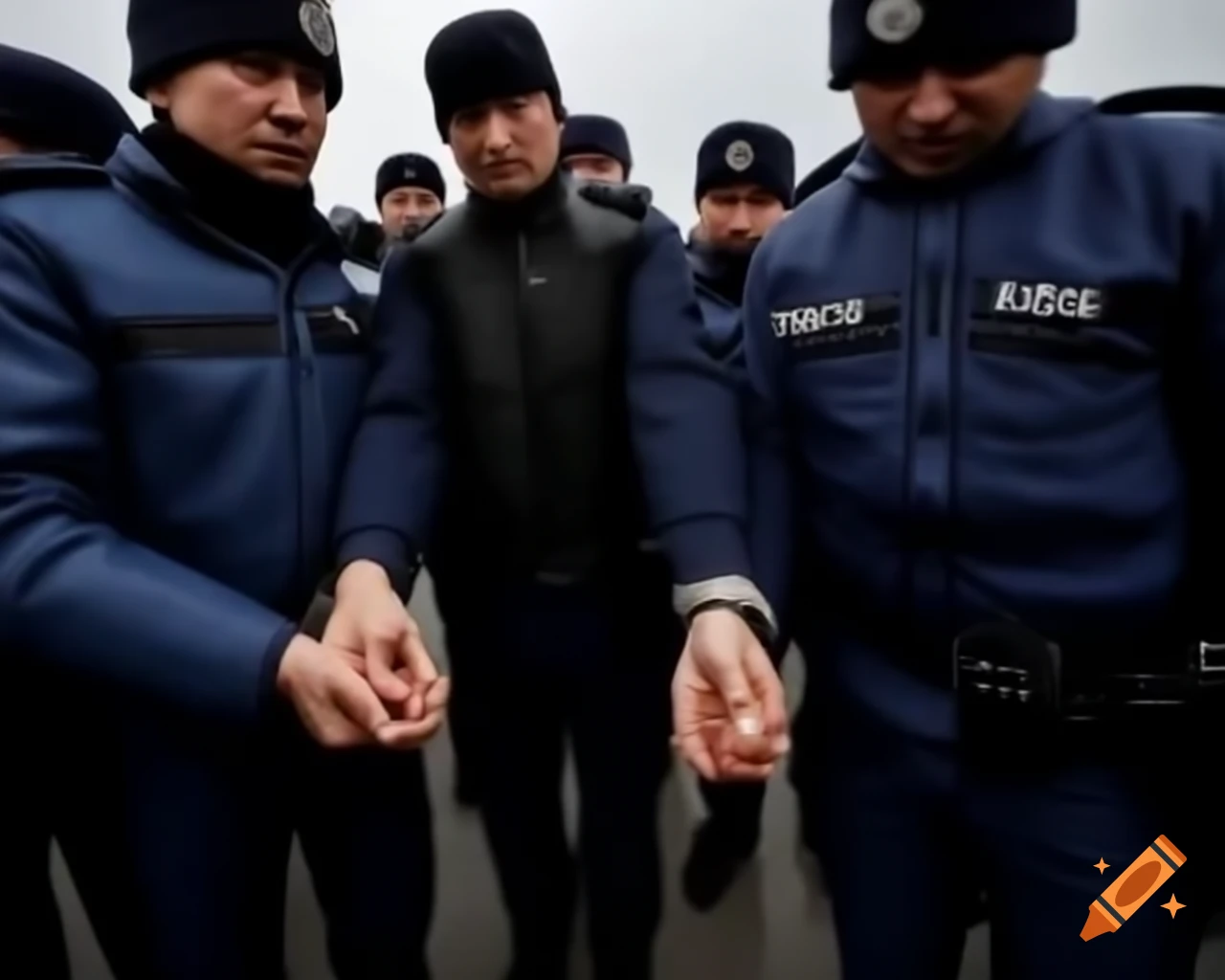 Kazakhstani police officers handcuffing a criminal