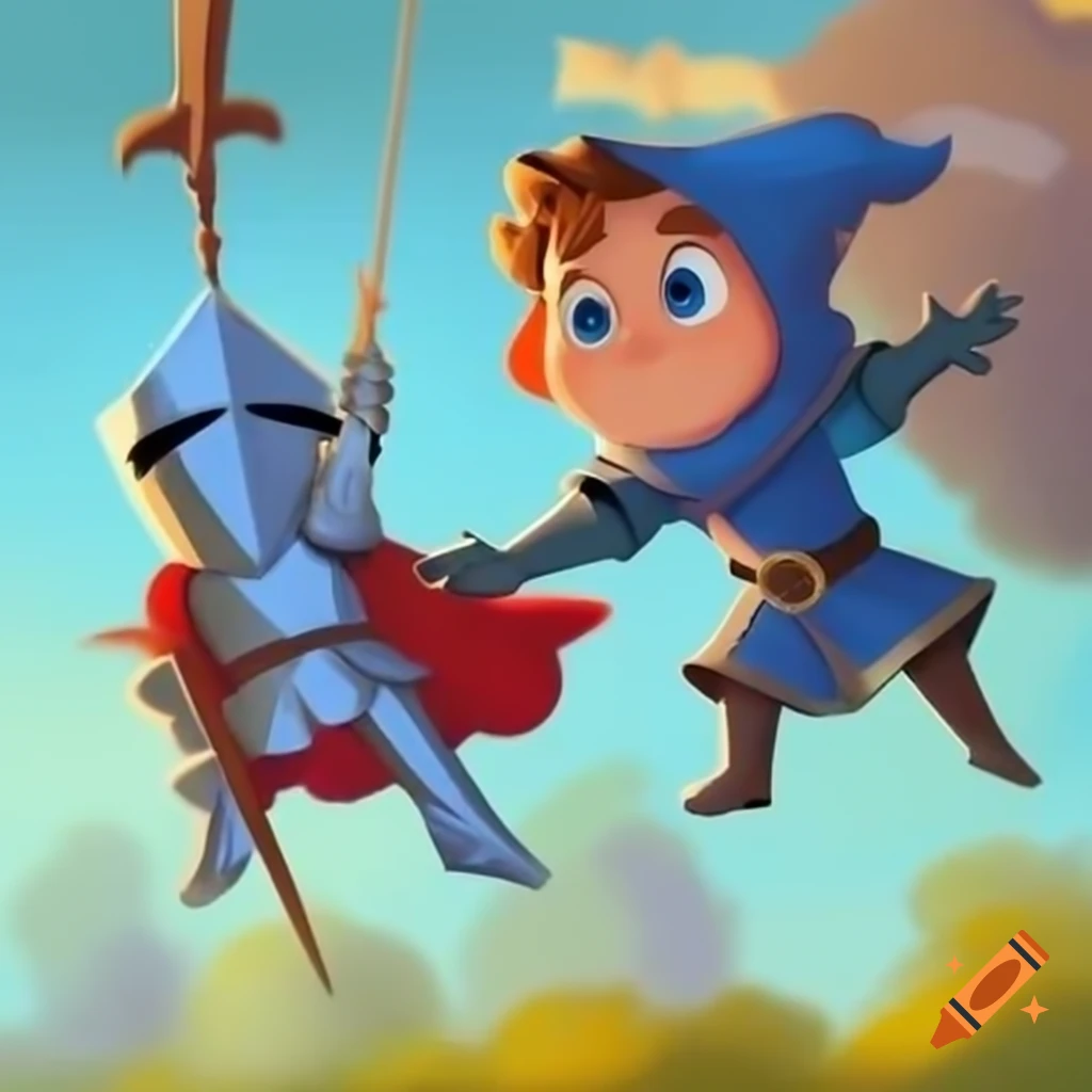 Cartoon kid knight hanging playfully
