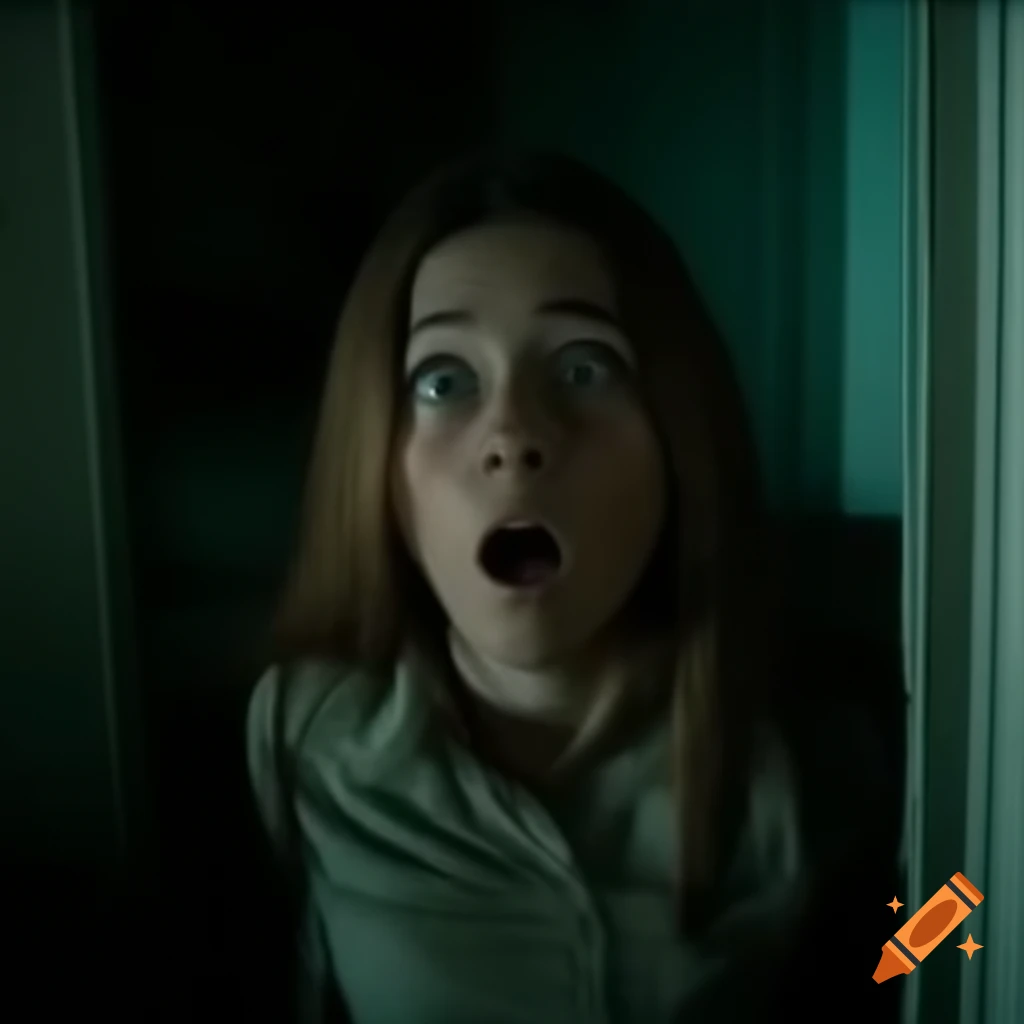 Scared young woman hiding in corner of a dimly lit dirty room