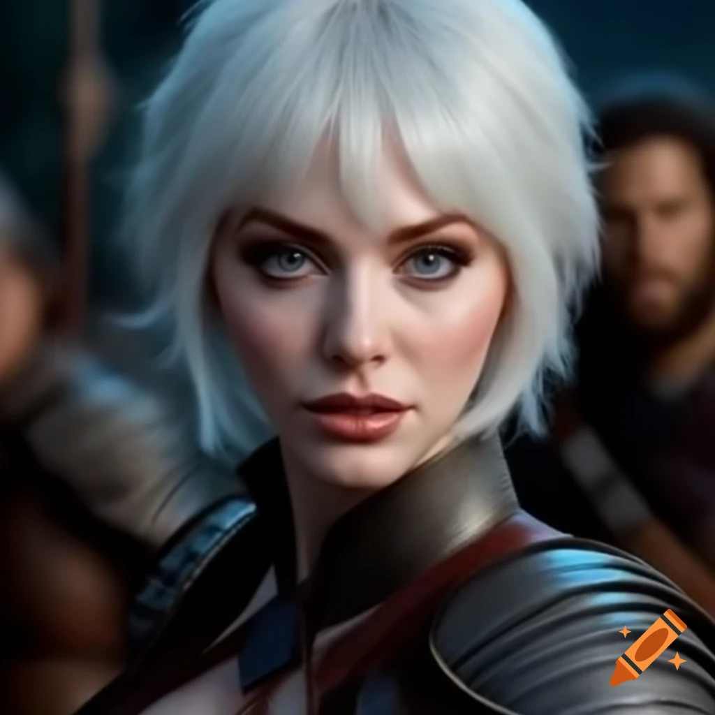 Ultra wide shot of warrior cosplay featuring Christina Hendricks with short white hair