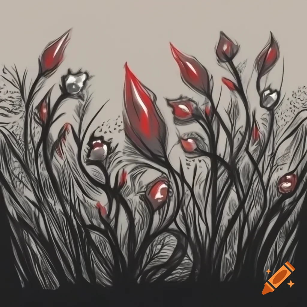 Hand drawn colored pencil and charcoal sketch of enchanted flowering forest in abstract expressionistic style