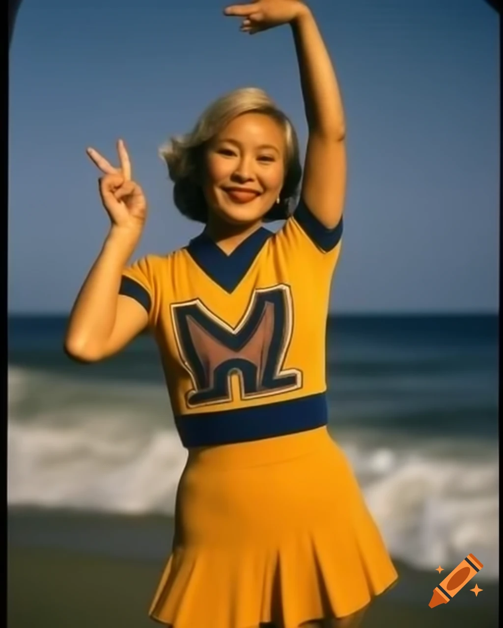 Hyperrealistic vintage photo of Japanese idol actress in cheerleader uniform on palm beach