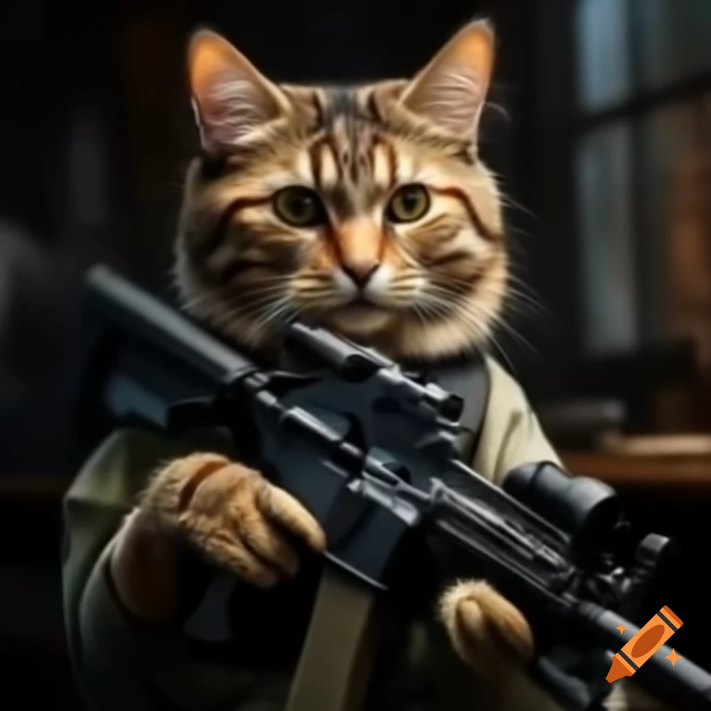 Cat holding AR15 in an imaginative setting