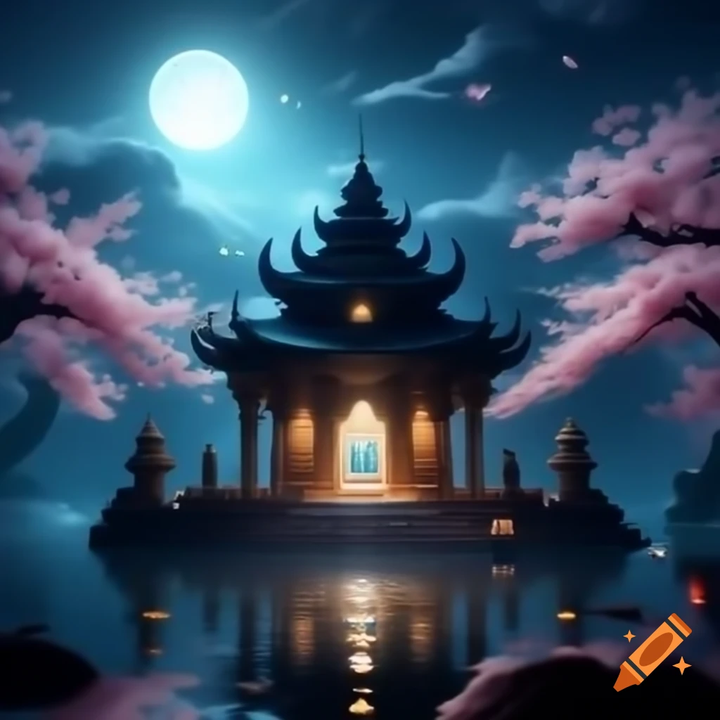 Isolated temple on tranquil lake surrounded by moonlit cherry blossoms
