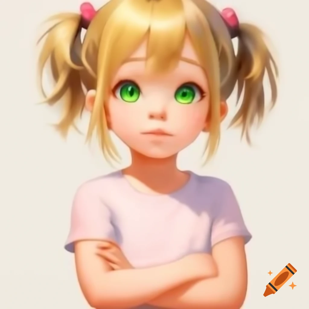 Anime girl with blonde hair and green eyes, arms crossed wearing pink t-shirt