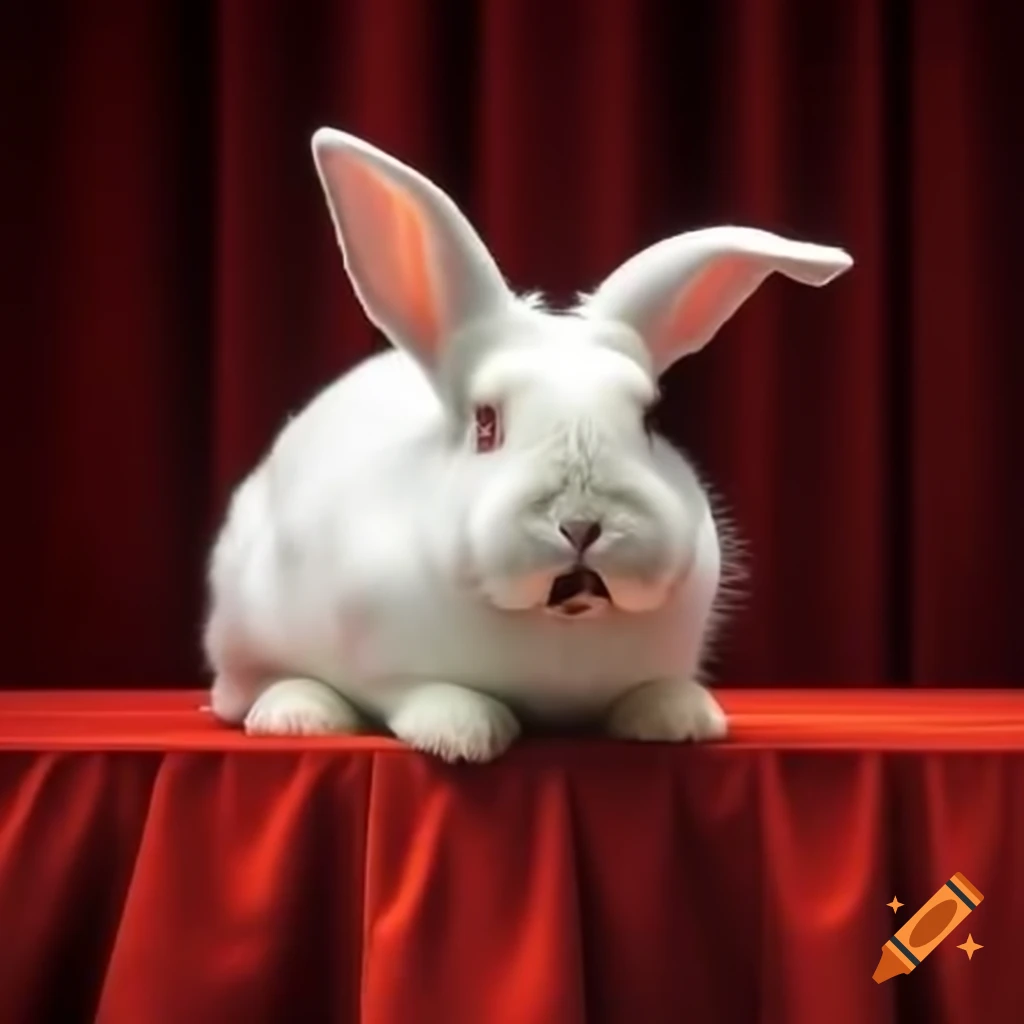 Puffed up white rabbit with mouth open on red stage