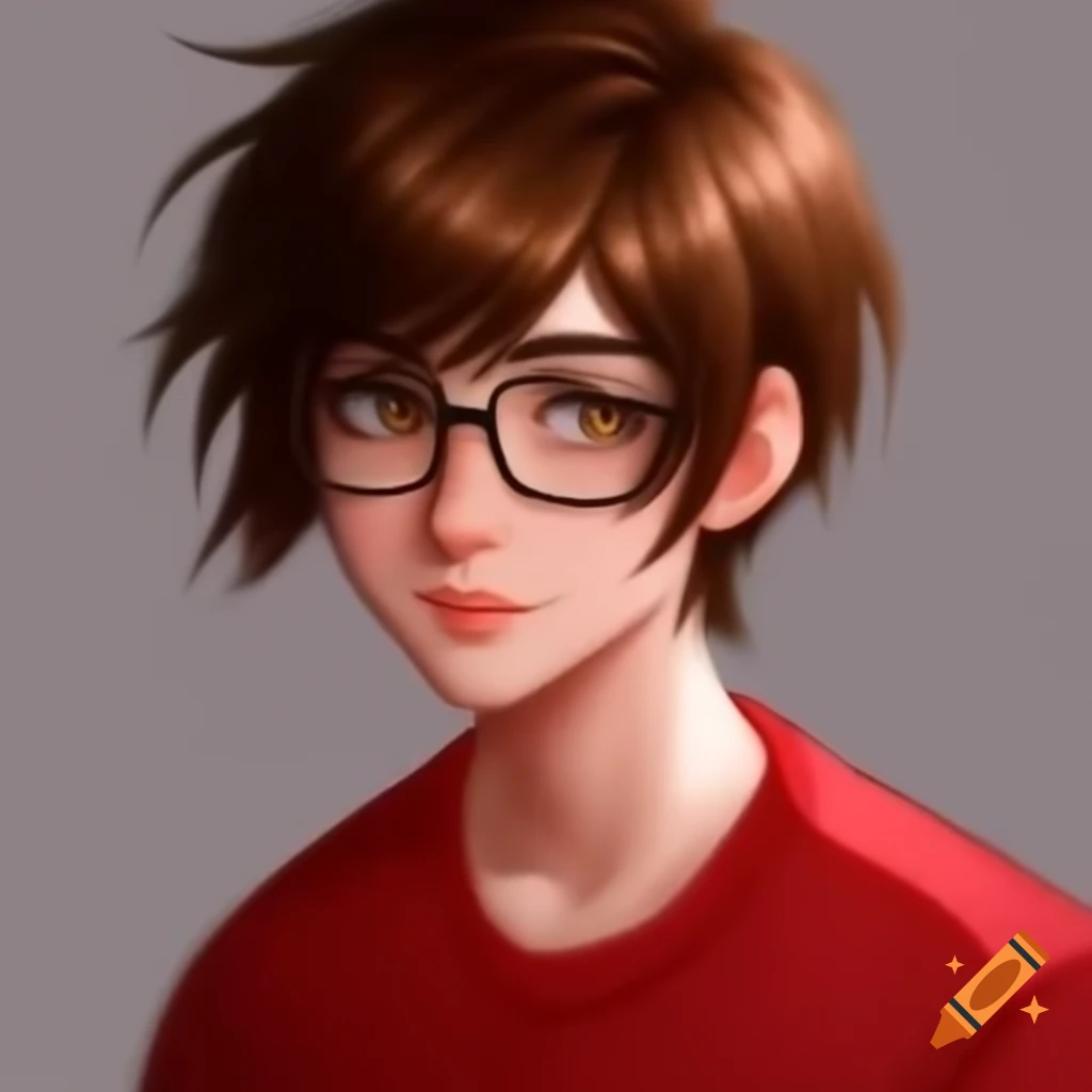 Androgynous male college student with glasses and brown hair in a red shirt, high quality anime style